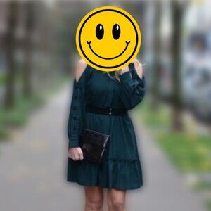 NWT Eliza J Emerald Green Belted Cold-Shoulder Shirt Dress